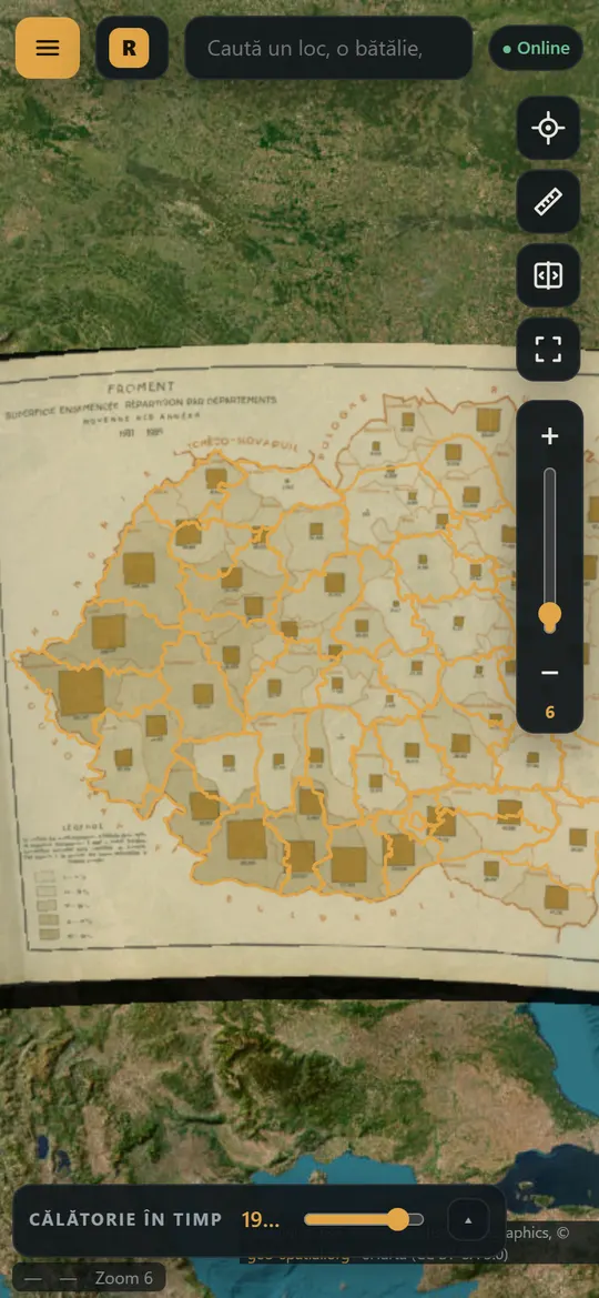 Harta grâului din Atlasul agricol al României (1938), peste România din satelit.