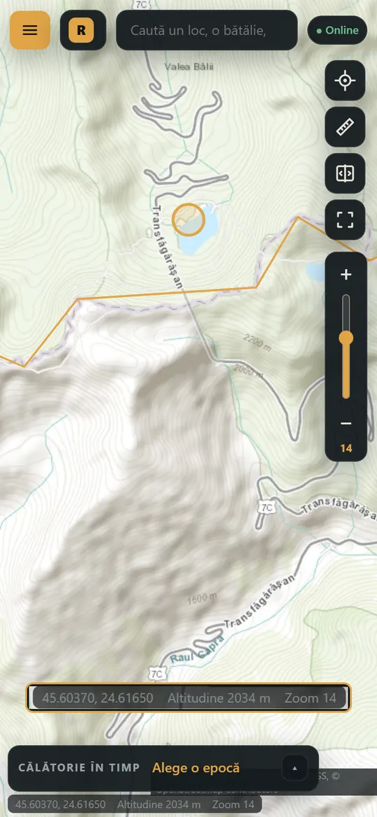 Harta topografică la Bâlea Lac, cu locul atins marcat și, mărită, bara de jos: coordonatele și altitudinea de 2034 m.