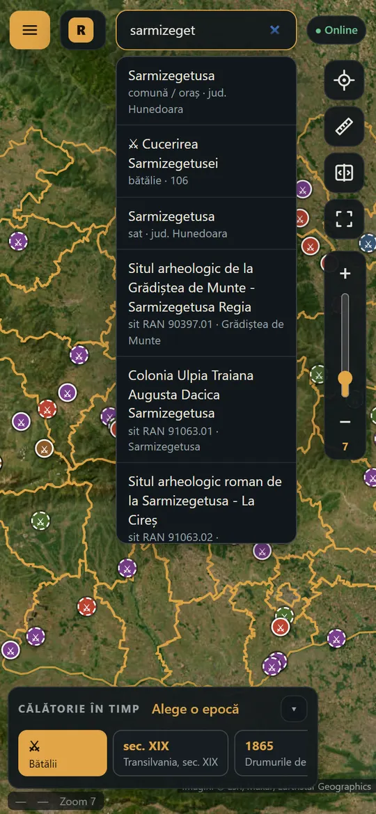Căutarea după „sarmizeget”: comuna și satul Sarmizegetusa, bătălia Cucerirea Sarmizegetusei și siturile arheologice din zonă.