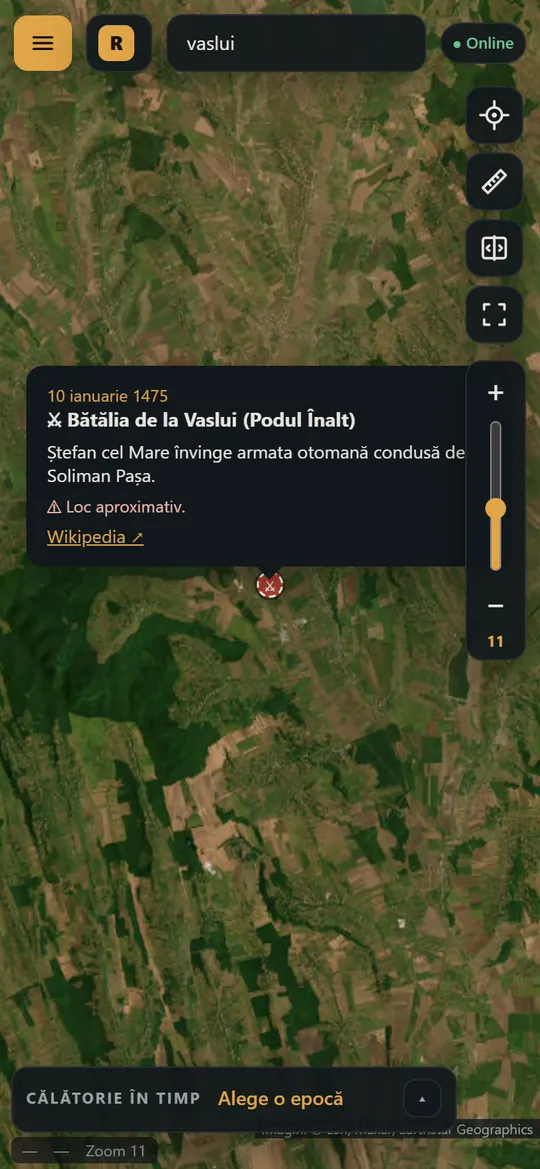 Fișa Bătăliei de la Vaslui deschisă pe hartă: data, ce s-a întâmplat, locul aproximativ și linkul spre Wikipedia.