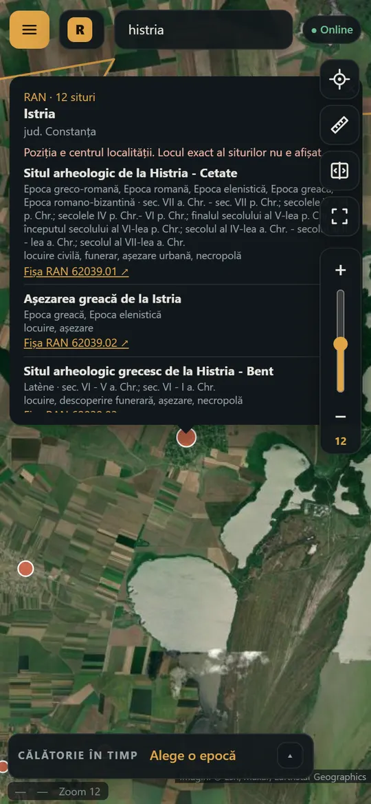 Fișa localității Istria, cu cele 12 situri arheologice, epocile lor și linkurile spre fișele RAN.