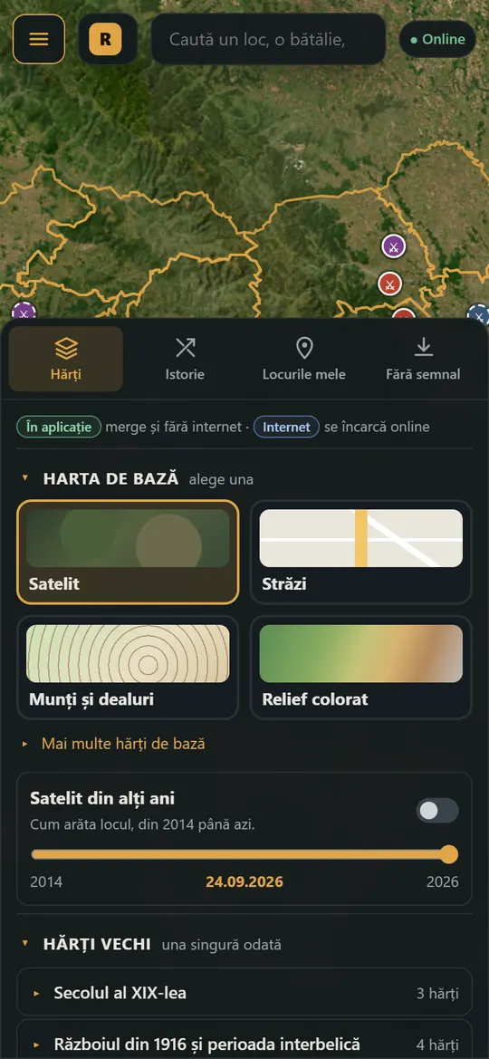 Tabul Hărți: harta de bază aleasă din patru carduri, satelitul din alți ani și hărțile vechi pe epoci.