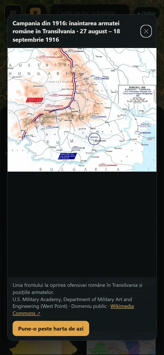 Harta campaniei din 1916 deschisă pe tot ecranul, cu butonul Pune-o peste harta de azi.