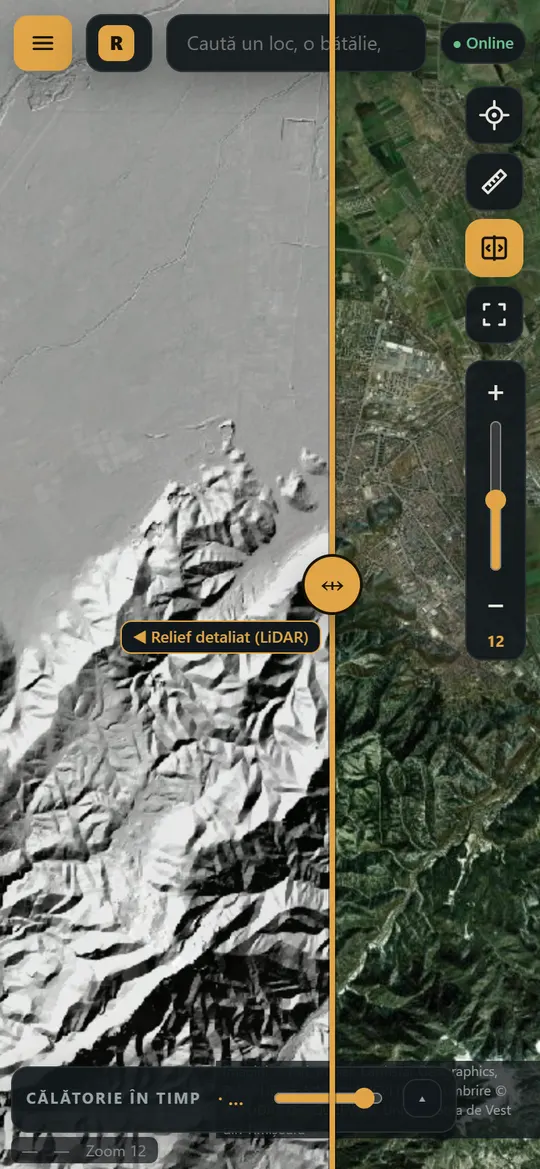 Muntele Tâmpa și dealurile din jurul Brașovului în relieful LiDAR, fără copaci, lângă satelitul de azi.