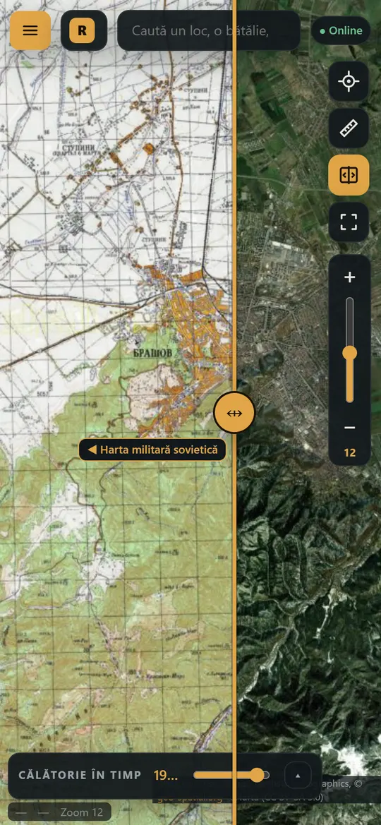Brașovul pe harta militară sovietică 1:50.000, lângă satelitul de azi.