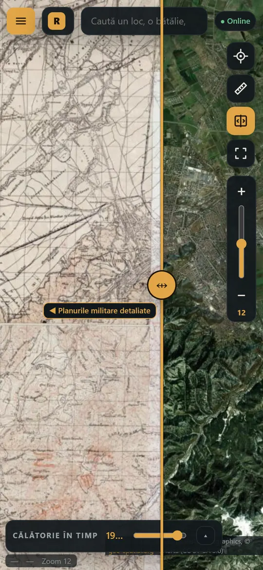 Brașovul pe planurile militare detaliate din 1916–1959, lângă satelitul de azi.