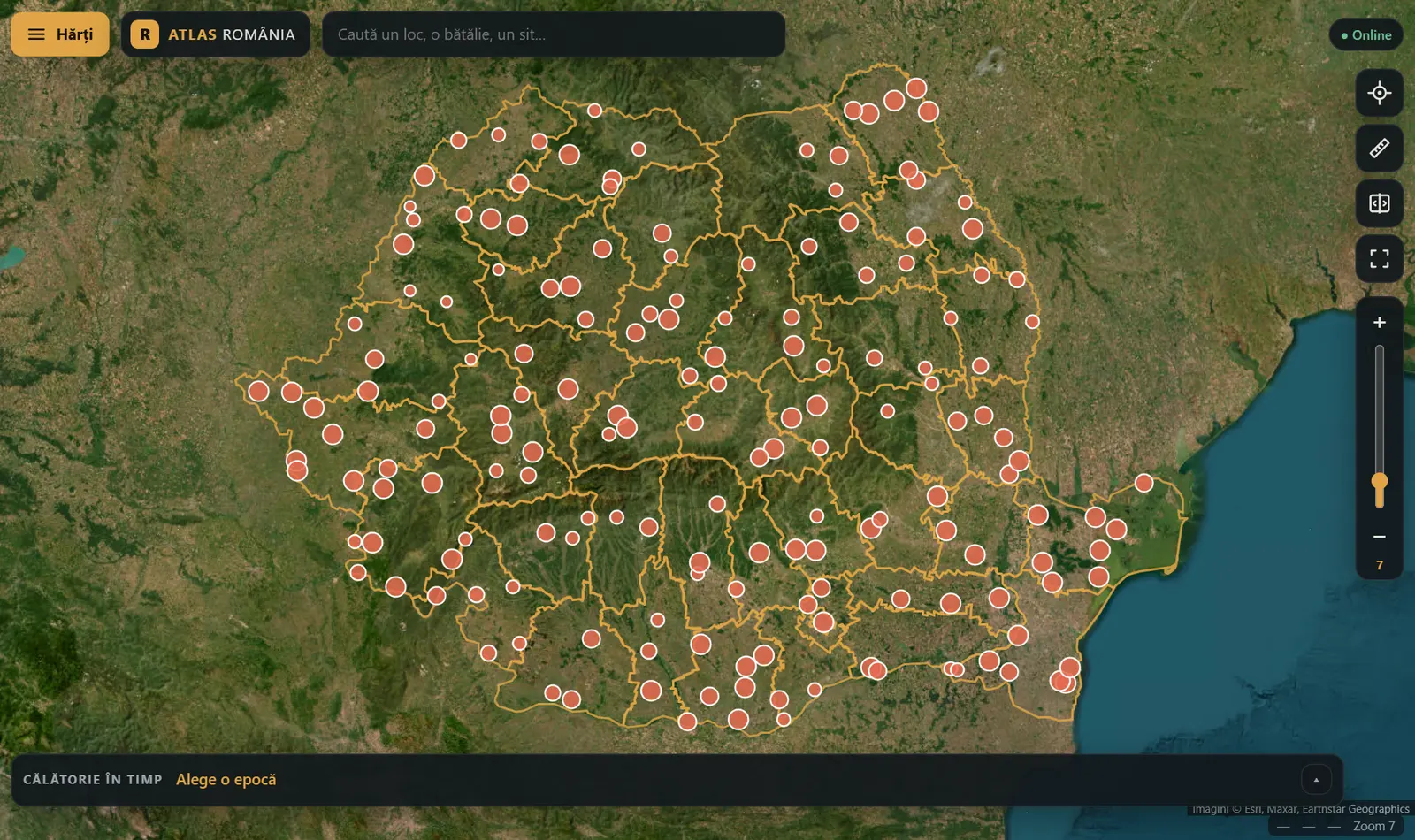 Harta României din satelit, cu o parte din localitățile care au situri arheologice, marcate cu cercuri roșii.